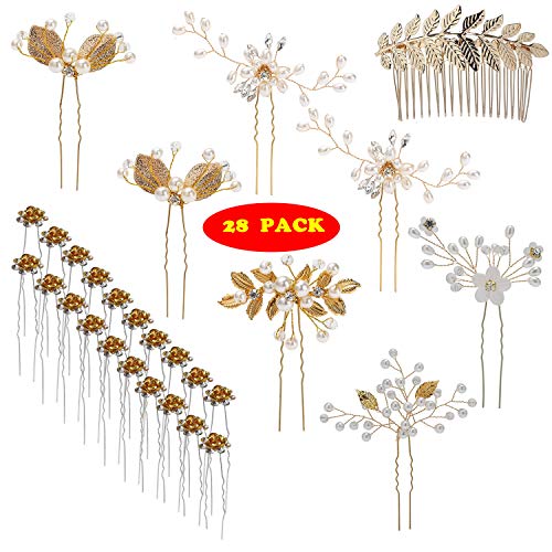 Product Cover inSowni 28 Pack Wedding Bridal Hair Side Combs+U Shaped Hair Pins Clips Pieces Accessories Rhinestone Pearl Flower Gold for Women Girls Brides