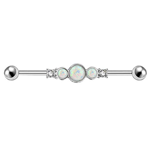 Product Cover Jewseen 14g Industrial Barbell with White Opal Center and Clear CZ Industrial Rings Body Piercing Jewelry