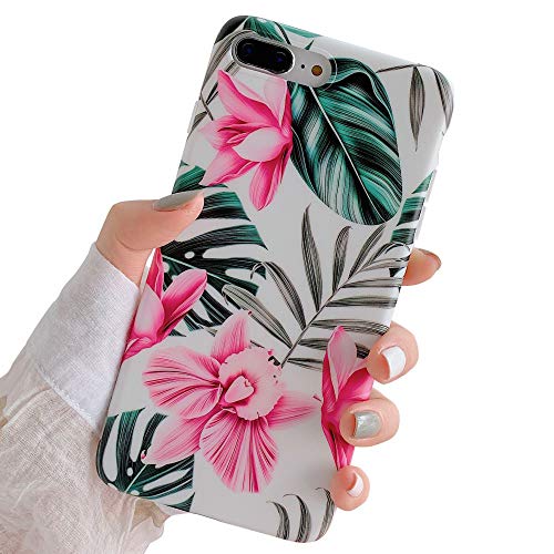 Product Cover iPhone 8 Plus / 7 Plus Case for Girls, YeLoveHaw Flexible Soft Slim Fit Full Protective Cute Shell Phone Case with Pink Floral and Green Leaves Pattern for iPhone 7Plus / 8Plus 5.5 Inch (Red Flowers)