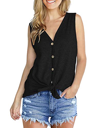 Product Cover Maysoar Women's Tank Tops, Summer Casual Shirts for Women, Tunic Loose Fit V Neck Button Down Tie Knot Henley Sleeveless Blouses (Large, Black)