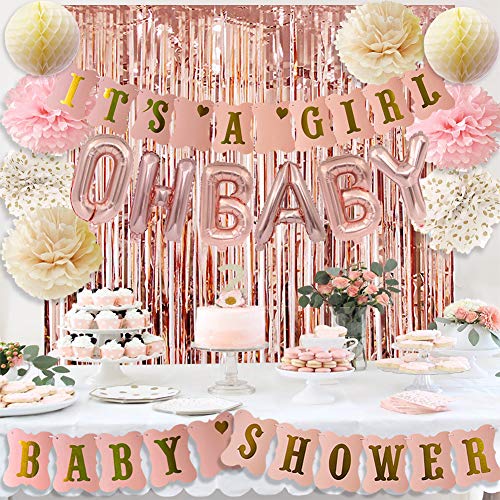 Product Cover Rose Gold Baby Shower Decorations for Girl Pink Gold It's A Girl Baby Shower Banner Rose Gold OH Baby Foil Letter Balloons Rose Gold Foil Fringe Curtains Tissue Pom Poms Honeycomb Balls by HappyField
