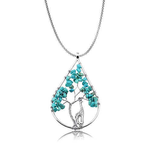 Product Cover Zuo Bao Handmade Wire Wrapped Quartz Chips Tree Teardrop Pendant Necklace with Giraffe/Healing Jewelry Gift for Family (Turquoise with Giraffe)