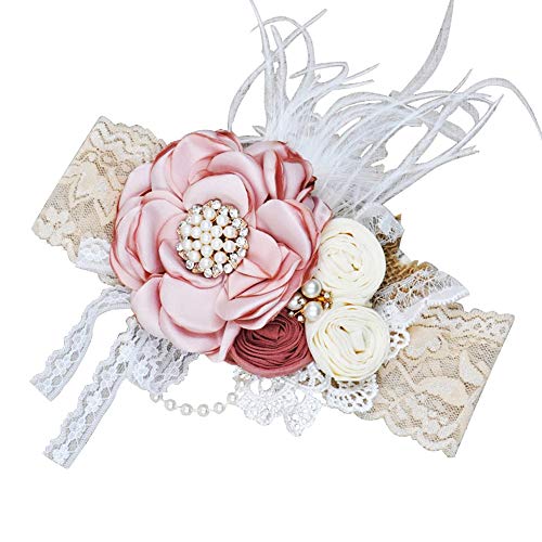 Product Cover Pearl Rose Baby Girl Headbands-BEAMIO Vintage Lace Flower Crown Hair Bow Elastic Bands Newborn Infant Toddlers Kids