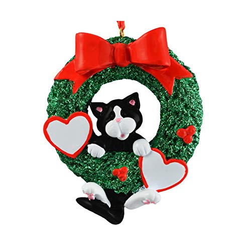 Product Cover Personalized Tuxedo Cat in Wreath Christmas Tree Ornament 2019 - Kitty Hang Breed Neutral Domestic Pet Paw Faithful Friend Fur-Ever Purr Woman Crazy Game Family R.i.p. Gift Year - Free Customization