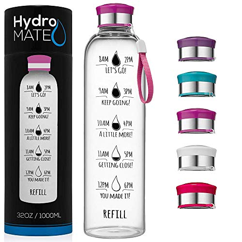 Product Cover HydroMATE 32 Oz Motivational Glass Water Bottle with Time Marker | Leak Proof | BPA-Free | Track Intake & Drink More Water Daily | Safe For Travel To-Go & Hot Liquids | 1 Liter (Pink)