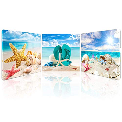 Product Cover Beach Canvas Wall Art Starfish Seashell Pictures for Bathroom Modern Seascape Stretched and Framed Giclee Canvas Prints Seaview Landscape Artwork for Bedroom Home Office Decorations