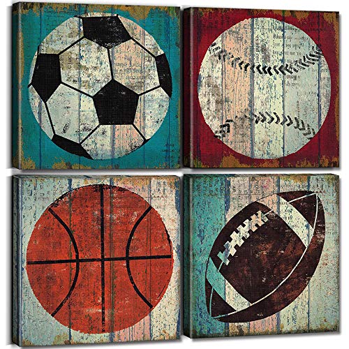 Product Cover sunfrower Sports Decor for Boys Room Sports Wall Art Decor Soccer Ball Basketball Canvas Print Football Tennis Ball Baseball Poster Picture Modern Artwork Decoration 12 x 12 inch x 4pcs