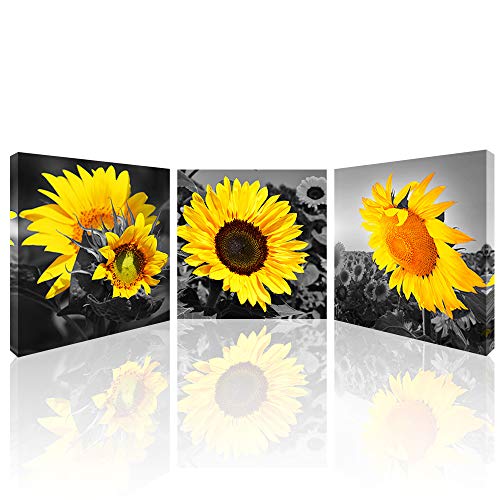 Product Cover Sunflower Canvas Wall Art for Living Room Flower Canvas Prints Black and White Bathroom Wall Decor Yellow Sunflowers Pictures Giclee Prints on canvas for Kitchen Bedroom Home Decorations 12