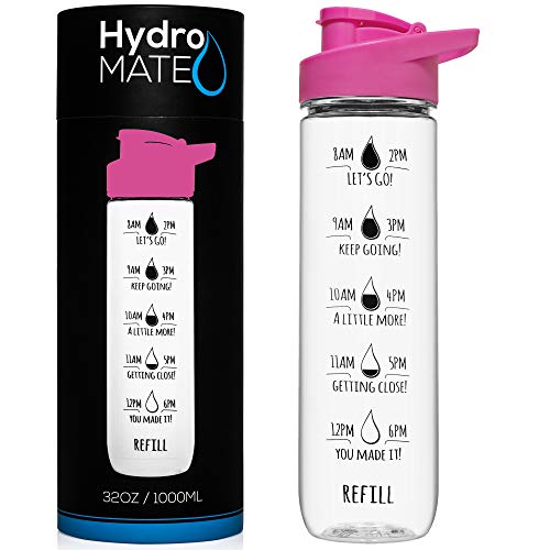 Product Cover HydroMATE 32 Oz Motivational Water Bottle with Time Marker | Leak Proof Flip Lid | Non Toxic BPA-Free | Track Intake & Drink More Water Daily | To-Go Travel & Home | 1 Liter (Pink)