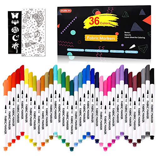 Product Cover 36 Colors Fabric Markers, Shuttle Art Fabric Markers Permanent Markers for T-Shirts Clothes Sneakers Jeans with 11 Stencils 1 Fabric Sheet, Permanent Fabric Pens for Kids Adult Painting Writing