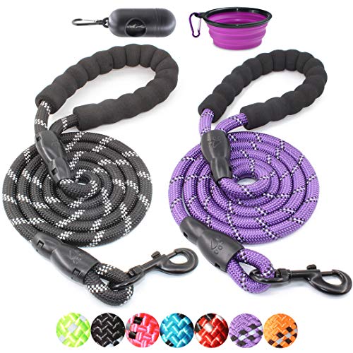 Product Cover BAAPET 2 Packs 5 FT Strong Dog Leash with Comfortable Padded Handle and Highly Reflective Threads for Medium and Large Dogs (Black+Purple)