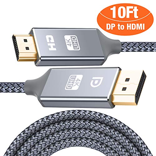 Product Cover Capshi DisplayPort to HDMI Cable - 10Ft 4K UHD Nylon Braided Gold-Plated DP-to-HDMI Unidirectional Cord DP to HDMI Male Chords Display Port to HDTV Monitor Video Cable DP Ports to HDMI Ports Connector