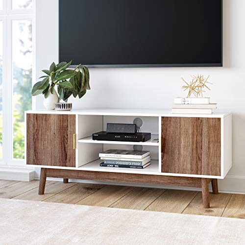 Product Cover Nathan James 74403 Wesley Scandinavian TV Stand Media Console with Wooden Frame and Cabinet Doors, White/Rustic Oak
