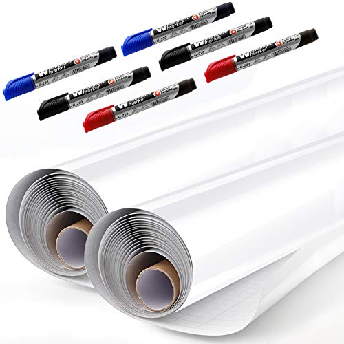 Product Cover Whiteboard Sticker Paper Sheets, Easy Peel and Stick Dry Erase Contact Paper Upgrade 11 Ft Extra Wide, Self Adhesive Wall Paper Roll Pack of 2 for Classroom, Planning, Office, Kid Painting, 3 Markers