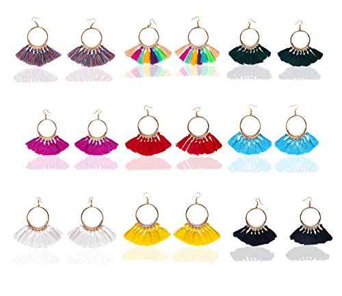 Product Cover 9 Pairs Tassel Hoop Earrings for Women Colorful Fan Shape Drop Earrings Statement Earrings for Women Girls Daily Wear Fashion Jewelry Valentine Birthday Christmas Gifts