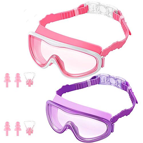 Product Cover KNGUVTH Kids Swim Goggles, Pack of 2 No Leaking Swimming Goggles Anti-Fog UV Protection Crystal Clear Wide Vision Swim Glasses with Nose Clips + Ear Plugs for Children Early Teens