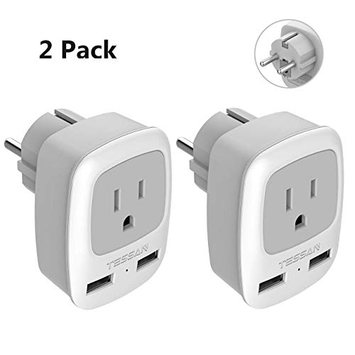 Product Cover Type E/F Germany European Adapter 2 Pack, TESSAN Schuko France Travel Power Plug 2 USB, Outlet Adaptor Charger for USA to Most of Europe EU Spain Iceland Russia Korea Greece Norway