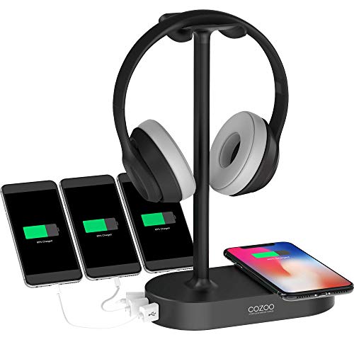 Product Cover QI Headphone Stand with USB Charger COZOO Gaming Headset Holder Hanger with 3 Port USB Charging Station and Wireless Charging Pad - Suitable for Gaming, DJ, Wireless Earphone Display (Black)