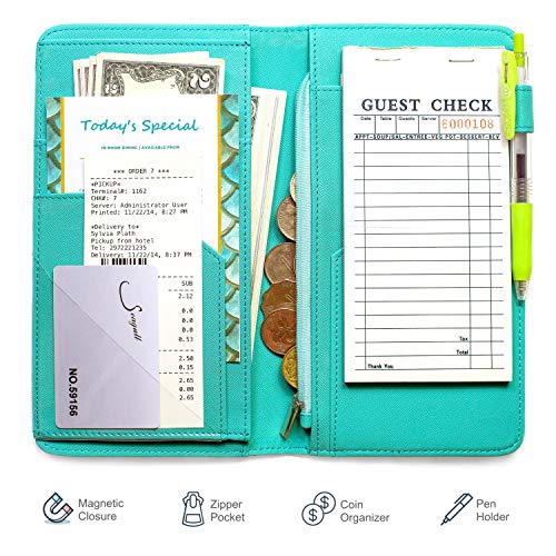 Product Cover Mymazn 5x9 Server Book for Waitress Organizer Magnetic with Zipper Money Pocket Pen Holder for Waiter Restaurant Waitstuff Fits Guest Check Order Pad and Apron (Turquoise)
