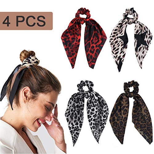 Product Cover 4 Pcs Hair Scrunchies Satin Silk Hair Scarf Band Ponytail Holder Vintage Elastics Scrunchy Ties Soft Leopard Ropes for Women Girls Hair Acessories