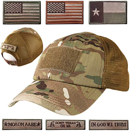 Product Cover Lightbird Mesh Tactical Hat with 6 PCS Tactical Military Patches, Adjustable Operator Hat, Durable Tactical OCP Flag Ball Cap Hat for Men Work, Gym, Hiking and More (Multicam/Camo)