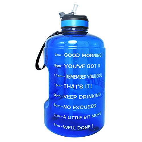 Product Cover QuiFit Gallon Water Bottle with Straw and Motivational Time Marker BPA Free Easy Sipping 128/73/43 oz Large Reusable Sport Water Jug for Fitness and Outdoor Enthusiasts (Hot Blue,1 Gallon)