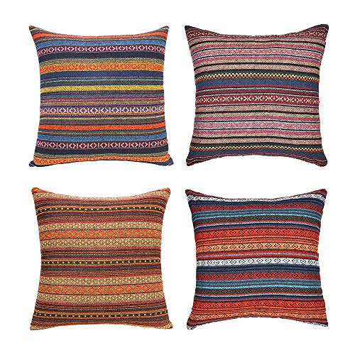 Product Cover Merrycolor Decorative Throw Pillow Cover for Couch Sofa Bed Bohemian Retro Stripe Cotton Blend Linen Pillow Case(Only Pillow Cover (4 Pieces, 18''x18'', J-2 Mix (4 Pack))