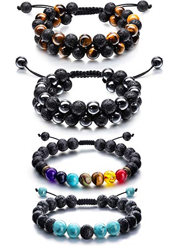 Product Cover Adjustable Lava Rock Stone Essential Oil Diffuser Bracelet Braided Rope Stone Yoga Beads Bracelets for Men Women (Style F)