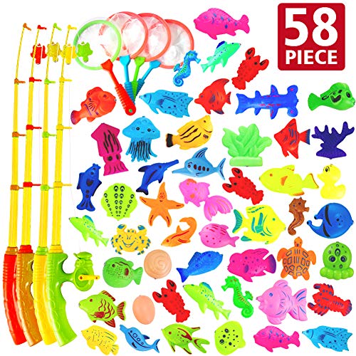 Product Cover AUUGUU Outdoor Toys 58 Pcs Fishing Magnets Game 4 Poles, Nets & 50 Floating Fishes for Toddlers Age 3-5, Best Toy for Kiddie Pool Water Table Outside, Bath Toys for Bathtub