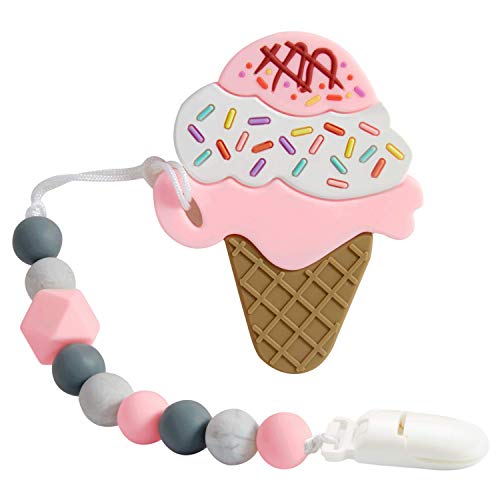Product Cover Baby Teething Toys, BPA Free Silicone Ice Cream Shape Teether with Relief Beads Binky Holder and Pacifier Clips for Toddlers & Infant (Pink)