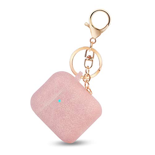 Product Cover Bqmte Silicone Case Compatible for AirPods, [Front LED Visible] Cute Glittery Accessories Protective Case Cover with Keychain for AirPods 2 & 1 (Baby Pink)
