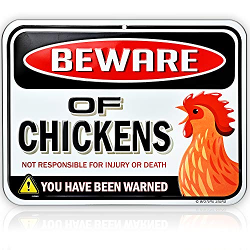 Product Cover Embossed Metal Beware of Chickens Warning Sign - 9 inches x 12 inches - Danger Sign Funny Gag Gifts for Chicken Fan Lovers - Tin Metal - Indoor or Outdoor - Chicken Rooster Plaque Sign