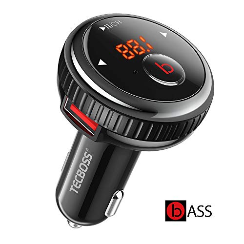 Product Cover [Enhanced Bass] TECBOSS Bluetooth FM Transmitter for Car, FM Transmitter Bluetooth v5.0, Support Hands-Free Calling, Play Music, 2-Port USB Car Charger, World First One Key Switch Bass Technology