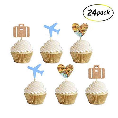 Product Cover Travel Cupcake Toppers, Airplane, Map, Luggage Adventure Awaits Travel Theme Party Decorations, Retirement Farewell Graduation Wedding Bridal Baby Shower Party Supplies Decorations(24 Pack)