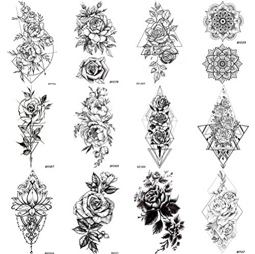 Product Cover COKTAK 12Pieces/Lot Sexy Realistic Flower Temporary Tattoos For Women Girls Body Art Black Small Rose Waterproof Geometric Adult Fake Tattoo Stickers