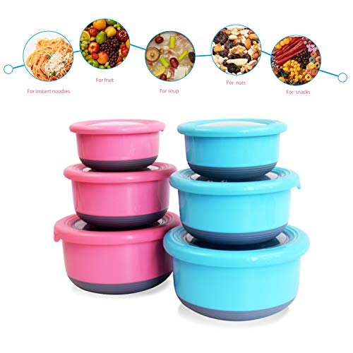 Product Cover Stainless Steel Food Containers with Silicone Lids | 6 Extra Lids | 3 Pink, 3 Blue Stainless Steel Lunch Containers with Lids | Slip Resistant Bottoms | Baby Food Containers | Bento Box