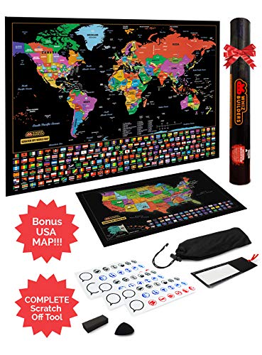 Product Cover Scratch Off Map of The World/United States USA, Scratchable Travel Wall Art, Large World Map Poster, Travel Tracker US State & Country Flags - Memory Stickers, Magnifier & Scratch Art Tool