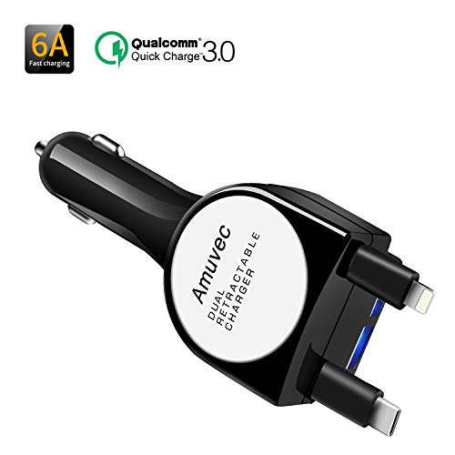 Product Cover Amuvec Car Charger(6A/40W), Dual Retractable Cable Fast Charging with 2.7ft Type C (QC3.0) and Phone Cord, and 2 Led USB Ports.Compatible with Phone 11pro XR X XS Samsung Galaxy S9 S8 Google Pixel 2XL