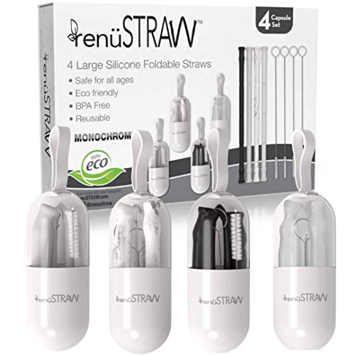 Product Cover renuSTRAW Collapsible Silicone Straws with case, Monochrome Edition - Folding, Reusable, and Portable Straws for Travel - 4 Sets