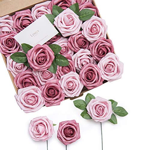 Product Cover Ling's moment Roses Artificial Flowers 25pcs Dual Palette Blushing Pressed Rose with Stem for DIY Wedding Flower Arrangements Centerpieces Bouquets Party Decorations