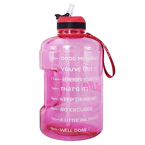Product Cover QuiFit Gallon Water Bottle with Straw and Motivational Time Marker BPA Free Easy Sipping 128/73/43 oz Large Reusable Sport Water Jug for Fitness and Outdoor Enthusiasts (Light Pink,1 Gallon)