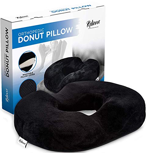 Product Cover RELIEVVE Donut Pillow Pain Relief Cushion Tailbone Pillow for Hemmoroid Treatment, Prostate, Bed Sores, Pregnancy, Post Natal & More. Ultra Comfort Memory Foam.