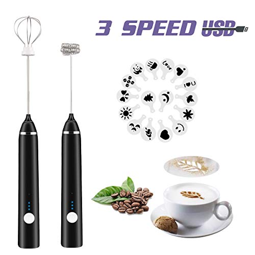 Product Cover Rechargeable Milk Frother Handheld Electric Foam Maker with Stainless Whisk 3 Speed for Bulletproof Coffee Latte Cappuccino Hot Chocolate Black Extra 16 Pcs Art Stencils