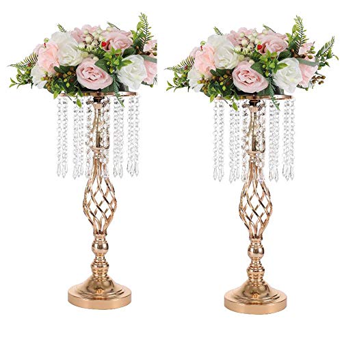 Product Cover LANLONG 2PCS Acrylic Imitation Crystal Candle Holder Stand Gold/Silver Flower Vase Wedding Centerpiece Lead Road Candlestick for Wedding Event Decoration (gold-52cm, 20.4