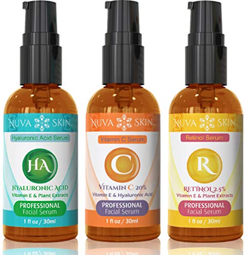 Product Cover Nuva Skin Facial Serums 3 Pack- Vitamin C Serum, Retinol Serum & Hyaluronic Acid Serum- All-Natural Face Serum