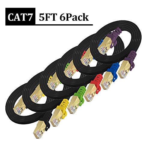 Product Cover Cat7 Ethernet Cable 5ft 6Pack (Black Wire,Colorful Plug),CAIVOV Cat-7 Flat Shielded Ethernet Patch Cable - Internet Cable for Modem, Router, LAN, Computer - Compatible with Cat5e, Cat6 Network