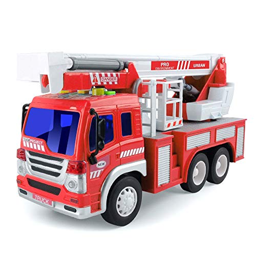Product Cover Gizmovine Fire Truck Toy Friction Power with Lights and Sounds, Extending Rescue Rotating Ladder Pull Back Construction Toys Vehicles for Toddlers Boys 4, 3, 2 Year Old, 1:16 Scale