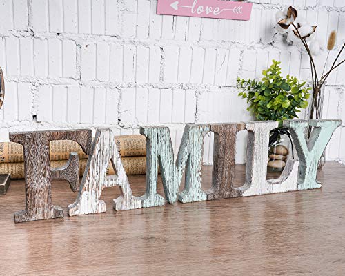Product Cover Wood Family Signs Wall Decor, Decorative Wooden Blocks Rustic Letters Cutout Farmhouse Home Decor, Multicolor, Bedroom Kitchen Living Room Table Centerpiece Words, Freestanding with Double Sided Tape