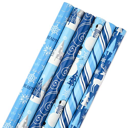 Product Cover Hallmark Holiday Wrapping Paper Bundle with Cut Lines on Reverse, Blue and Silver (Pack of 6, 180 sq. ft. ttl) for Christmas, Hanukkah, Birthdays and More