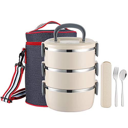 Product Cover YBOBK HOME Insulated Lunch Box Leak Proof Lunch Container All-in-one Stackable Lunch Box Stainless Steel Bento Lunch Box with Bag and Portable Flatware Set for Adults (Beige)